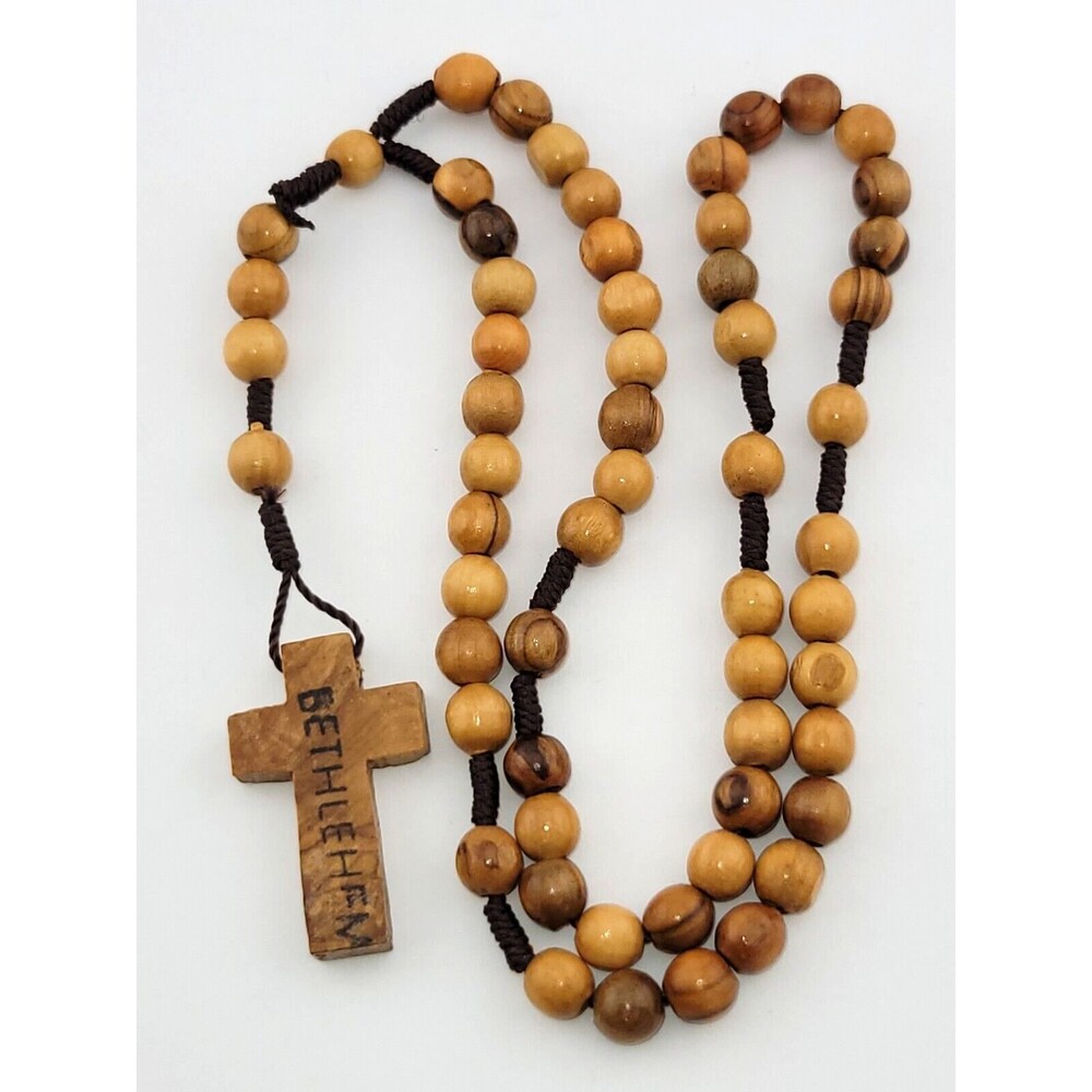 Vintage Bethlehem Hand Knotted/Made Olive Wood Beads Cross Crucifix Rosary